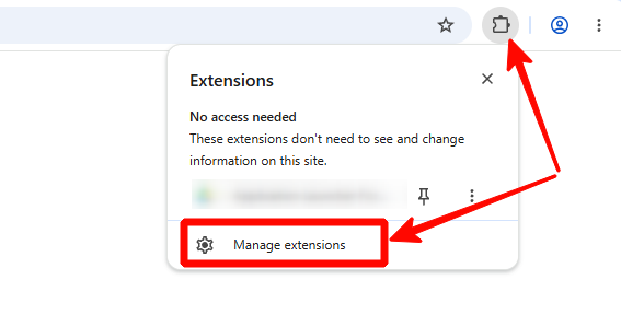 Chrome toolbar: the puzzle icon opens the Extensions menu with the Manage extensions item highlighted