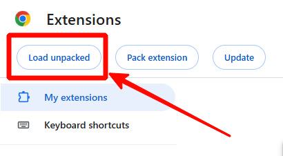 Load unpacked button at the top-left of the Extensions page