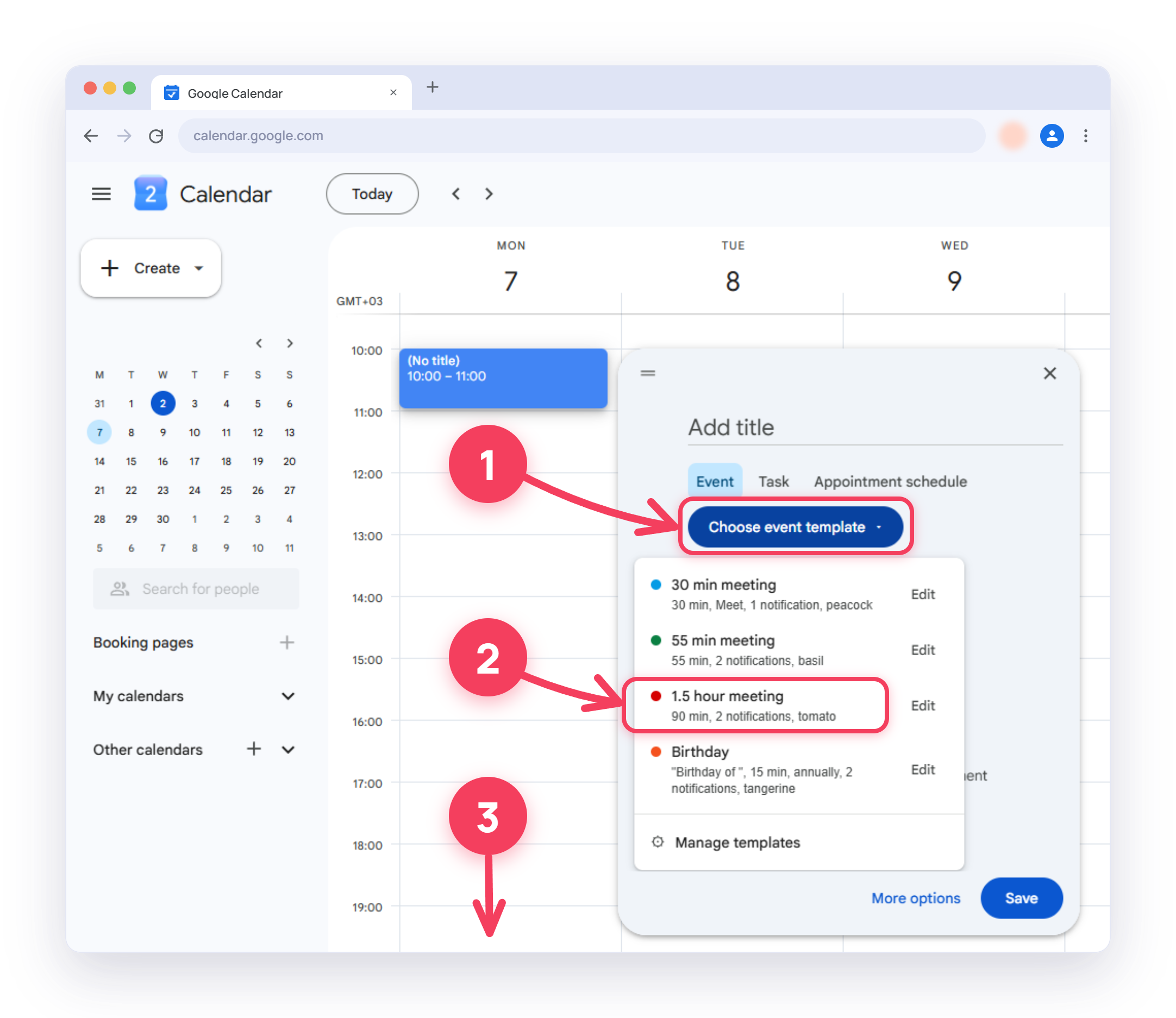 Open a saved template from the Google Calendar™ event window
